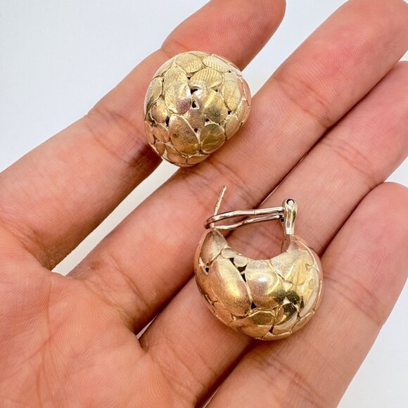 VTG Solid Sterling Silver 925 Pebble Design Textured Earrings Size 1" Length - Picture 6 of 10